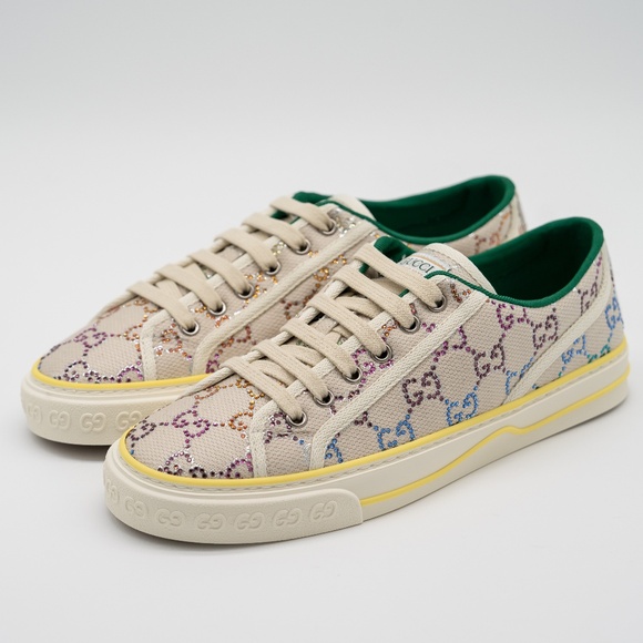 size 40G 10 us Gucci Canvas Crystal GG Monogram 1977 Tennis Sneakers Beige - Picture 1 of 12